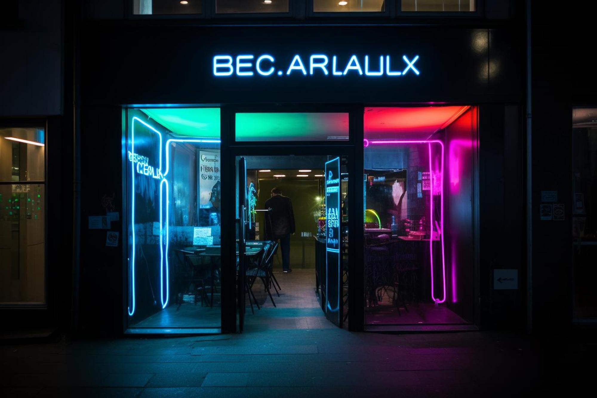 front of the embroidery studio with neon accents